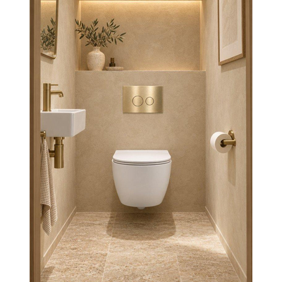 QeramiQ Dely Swirl Compact Ensemble WC - réservoir encastré QeramiQ flush - abattant fin - plaque de commande métallique laiton brossé (or) - boutons ronds - blanc mat