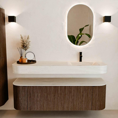MONDIAZ THOR-DLUX 150cm badmeubel ronding links + rechts kleur Walnut met 1 lade en 2 deuren. Vrijhangende wastafel CLOUD Rechts 1 kraangat kleur Meli.