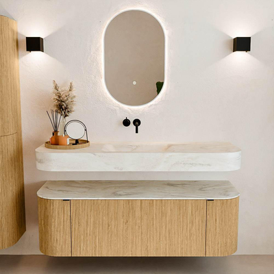 MONDIAZ THOR-DLUX 140cm badmeubel ronding links + rechts kleur Oak met 1 lade en 2 deuren. Vrijhangende wastafel CLOUD Midden zonder kraangat kleur Ostra.