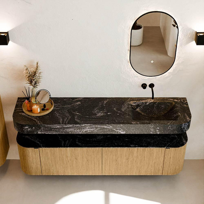 MONDIAZ THOR-DLUX 180cm badmeubel ronding links + rechts kleur Oak met 2 lades en 2 deuren. Vrijhangende wastafel CLOUD Rechts zonder kraangat kleur Lava.