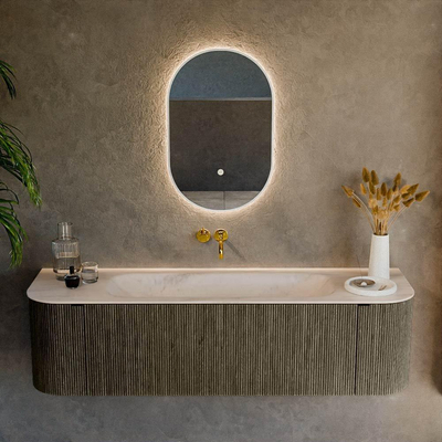 MONDIAZ KURVE-DLUX Meuble de salle de bains 160cm arrondi gauche + droite couleur Shadow avec 1 tiroir et 2 portes. Lavabo BIG MEDIUM central sans trou de robinet Meli.