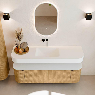 MONDIAZ THOR 150cm meuble de salle de bains arrondi gauche + droite couleur Oak avec 1 tiroir et 2 portes. Vasque suspendue CLOUD Milieu sans trou de robinet couleur Talc.