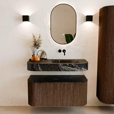 MONDIAZ THOR-DLUX 100cm meuble de salle de bains arrondi gauche + droite couleur Walnut avec 1 tiroir et 2 portes. Vasque suspendue CLOUD Droite sans trou de robinet couleur Lava.