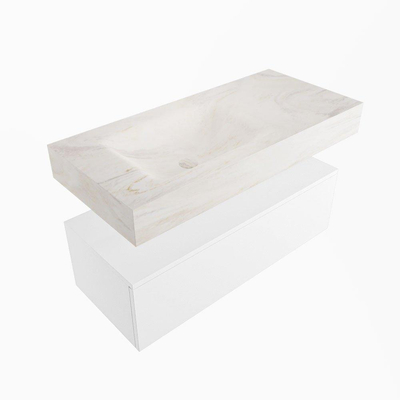 MONDIAZ ALAN - DLUX Ensemble meuble de salle de bains - 100cm - meuble bas - Talc - 1 tiroir - lavabo suspendu - cuve à gauche - 1 trou de robinet - Ostra
