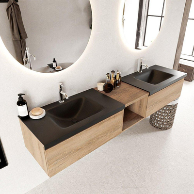 MONDIAZ BUKLA 200cm badmeubel met open module 40 kleur Washed Oak met 2 lades. Wastafel CLOUD dubbel 2 kraangaten kleur Urban.