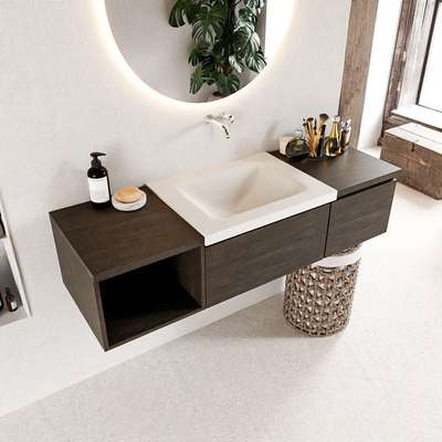 MONDIAZ BUKLA 140cm badmeubel met open module 40 links kleur Dark Brown met 2 lades. Wastafel CLOUD midden 0 kraangaten kleur Talc.
