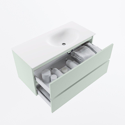 Mondiaz VICA ensemble de meuble de salle de bain - 100cm - meuble sous-vasque greey - 2 tiroirs - lavabo moon droite - 1 trou de robinet - version haute de 60cm - talc