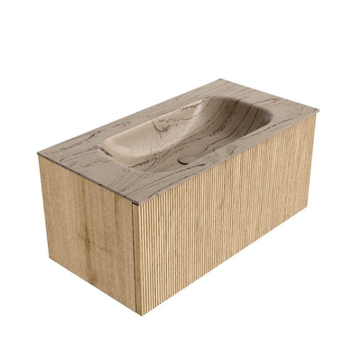 MONDIAZ KURVE-DLUX 90cm badmeubel kleur Oak met 1 lade en 0 deuren. Wastafel BIG SMALL Midden zonder kraangat Arena.
