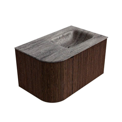 MONDIAZ KURVE-DLUX 75cm badmeubel ronding Links kleur Walnut met 1 lade en 1 deur. Wastafel GRUNNE Rechts zonder kraangat Oza.