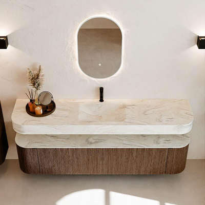 MONDIAZ THOR-DLUX Meuble de salle de bains 190cm arrondi gauche + droite couleur Walnut avec 2 tiroirs et 2 portes. Vasque suspendue CLOUD Milieu 1 trou de robinet couleur Ostra.