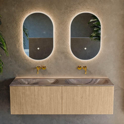 MONDIAZ KURVE-DLUX Meuble de salle de bains 140 cm couleur chêne avec 2 tiroirs et 0 porte. Lavabo STOR SMALL Double sans trou de robinet Sombra.