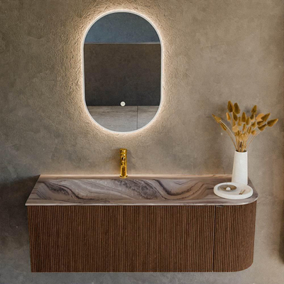 MONDIAZ KURVE-DLUX 125cm badmeubel ronding Rechts kleur Walnut met 1 lade en 1 deur. Wastafel BIG MEDIUM Links 1 kraangat Sombra.