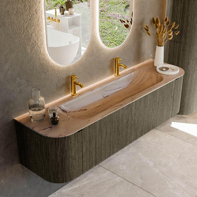 MONDIAZ KURVE-DLUX 170cm meuble de salle de bains arrondi Gauche + Droite couleur Shadow avec 1 tiroir et 2 portes. Plan-vasque BIG LARGE Central 2 trous de robinet Arena.