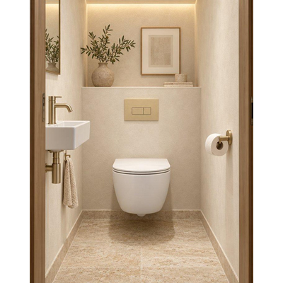 QeramiQ Dely Swirl Compact Toiletset - inbouwreservoir QeramiQ flush - slim zitting - kunststof bedieningsplaat beige - rechthoekige knoppen - glans wit