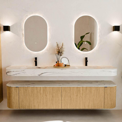 MONDIAZ THOR-DLUX 200cm meuble de salle de bains arrondi gauche + droite couleur Oak avec 2 tiroirs et 2 portes. Vasque suspendue CLOUD Double 2 trous de robinet couleur Nata.