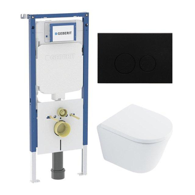 QeramiQ Dely Toiletset - 36.3x51.7cm - diepspoel - rimless - Geberit UP720 inbouwreservoir - softclose toilet zitting - 35mm - metaal mat zwarte bedieningsplaat - ronde knoppen - met Burda frame - glans wit