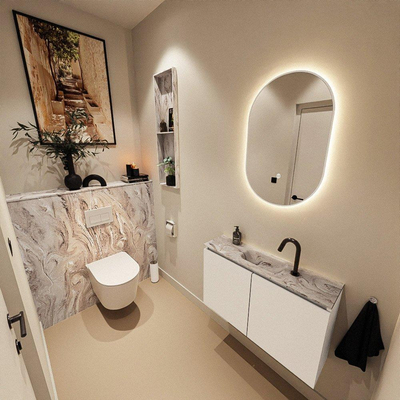 MONDIAZ TURE-DLUX Meuble toilette - 80cm - Talc - EDEN - vasque Glace - position centrale - 1 trou de robinet