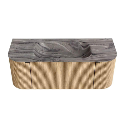 MONDIAZ KURVE-DLUX 120cm badmeubel ronding Links + Rechts kleur Oak met 1 lade en 2 deuren. Wastafel BIG SMALL Midden zonder kraangat Sombra.