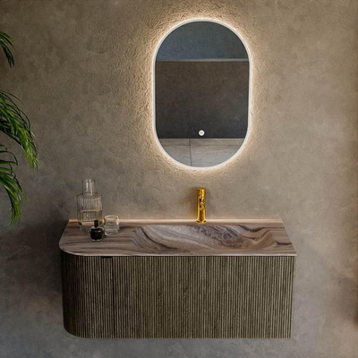 MONDIAZ KURVE-DLUX Meuble de salle de bains 105 cm arrondi à gauche couleur Shadow avec 1 tiroir et 1 porte. Plan-vasque BIG SMALL à droite 1 trou de robinet Sombra.