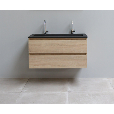 Basic Bella Meuble salle de bains avec lavabo acrylique Noir 100x55x46cm 2 trous de robinet Chêne