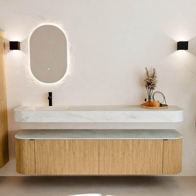 MONDIAZ THOR-DLUX Meuble de salle de bains 190cm arrondi gauche + droite couleur Oak avec 2 tiroirs et 2 portes. Vasque suspendue CLOUD Gauche 1 trou de robinet couleur Opalo.