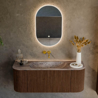 MONDIAZ KURVE-DLUX 120cm badmeubel ronding Links + Rechts kleur Walnut met 1 lade en 2 deuren. Wastafel BIG SMALL Midden zonder kraangat Oza.