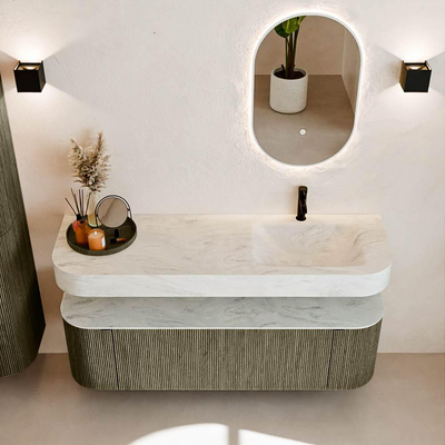 MONDIAZ THOR-DLUX 150cm badmeubel ronding links + rechts kleur Shadow met 1 lade en 2 deuren. Vrijhangende wastafel CLOUD Rechts 1 kraangat kleur Opalo.