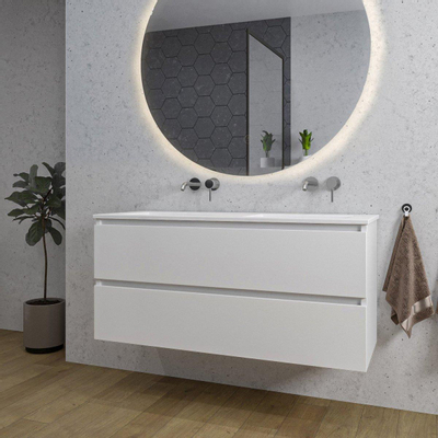 Saniclass Chaci Meuble de salle de bain - 120x46x55cm - lavabo en céramique blanc - 2 vasques - sans trous de robinet - 2 tiroirs - ronde miroir avec éclairage - blanc mat