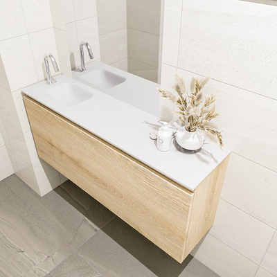 MONDIAZ OLAN Kit lave-mains - 120x30x40cm - 1 trou de robinet - 1 tiroir - chêne blanchi mat - lavabo à gauche - Solid Surface Blanc