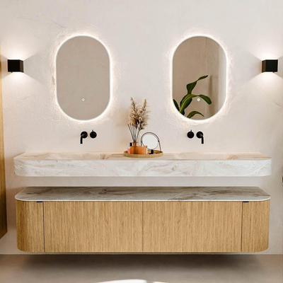 MONDIAZ THOR-DLUX 200cm meuble de salle de bains arrondi gauche + droite couleur Oak avec 2 tiroirs et 2 portes. Vasque suspendue CLOUD Double sans trou de robinet couleur Frappe.