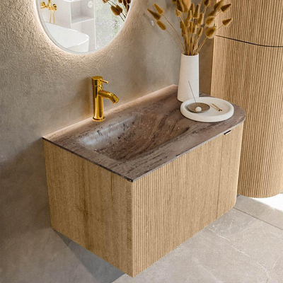 MONDIAZ KURVE-DLUX Meuble de salle de bains 75cm arrondi à droite couleur Oak avec 1 tiroir et 1 porte. Lavabo GRUNNE à gauche 1 trou de robinet Oza.