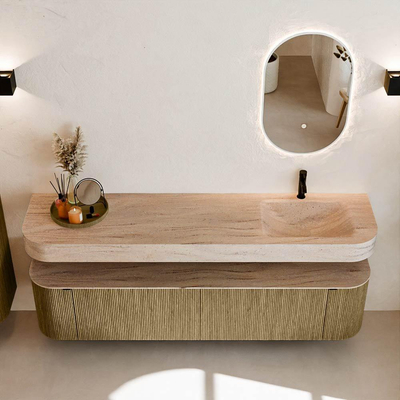 MONDIAZ THOR-DLUX Meuble de salle de bains 190cm arrondi gauche + droite couleur Dusk avec 2 tiroirs et 2 portes. Vasque suspendue CLOUD Droite 1 trou de robinet couleur Saba.