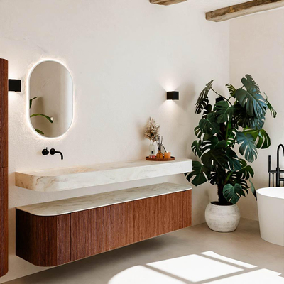 MONDIAZ THOR-DLUX 190cm meuble de salle de bains arrondi gauche + droite couleur Ruby avec 2 tiroirs et 2 portes. Vasque suspendue CLOUD Gauche sans trou de robinet couleur Ostra.