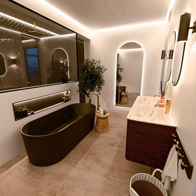 Mondiaz CIRO-DLUX Badkamermeubelset - 130x45x50cm - Solid surface wastafel Nata - 2 wasbak Dubbel - 2 kraangaten - 4 lades - Ruby