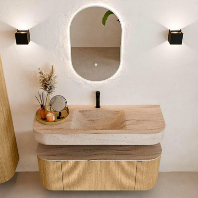 MONDIAZ THOR-DLUX 120cm meuble de salle de bains arrondi gauche + droite couleur Oak avec 1 tiroir et 2 portes. Vasque suspendue CLOUD Milieu 1 trou de robinet couleur Saba.