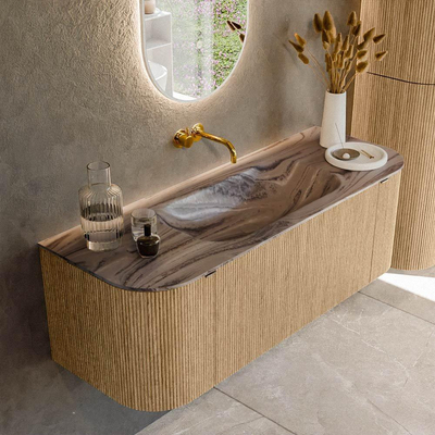 MONDIAZ KURVE-DLUX 130cm badmeubel ronding Links + Rechts kleur Oak met 1 lade en 2 deuren. Wastafel BIG SMALL Midden zonder kraangat Sombra.