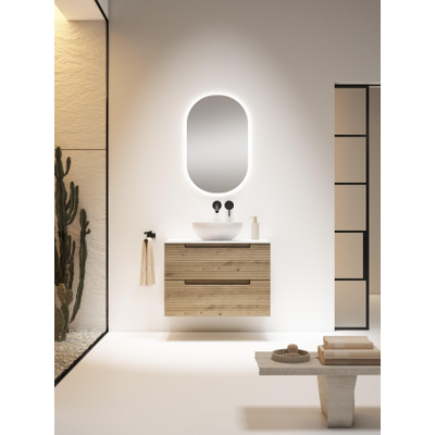 Adema Prime Balance Ensemble de meuble - 79.5x55x44.9cm - 1 vasque ovale en céramique Blanc - 1 trous de robinet - 2 tiroirs - miroir rectangulaire - Chêne rustique