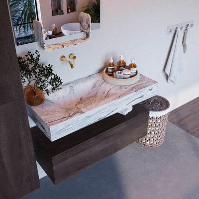 Mondiaz ALAN-DLUX 100cm meuble de salle de bain sous-vasque Marron Foncé 1 tiroir. Lavabo suspendu CLOUD gauche sans trou de robinet, couleur Glace