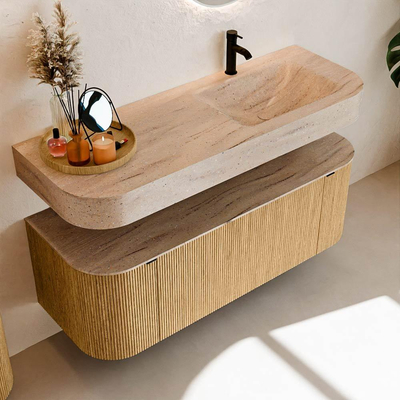 MONDIAZ THOR-DLUX 130cm badmeubel ronding links + rechts kleur Oak met 1 lade en 2 deuren. Vrijhangende wastafel CLOUD Rechts 1 kraangat kleur Saba.
