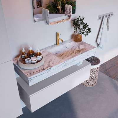 Mondiaz ALAN-DLUX Ensemble de meuble - 110cm - meuble Cale mat - 1 tiroir - Lavabo Cloud Glace suspendu - vasque Droite - 1 trou de robinet