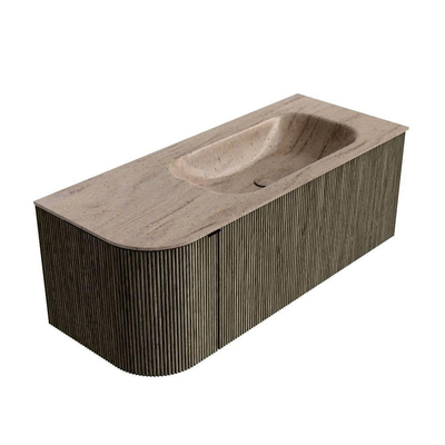 MONDIAZ KURVE-DLUX Meuble de salle de bains 115 cm arrondi à gauche couleur Shadow avec 1 tiroir et 1 porte. Lavabo BIG SMALL à droite sans trou de robinet Saba.