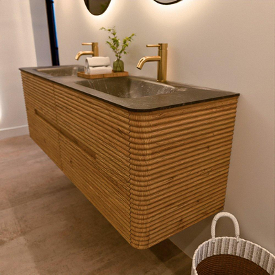 Mondiaz CIRO-DLUX Badkamermeubelset - 150x45x50cm - Solid surface wastafel Lava - 2 wasbak Dubbel - 2 kraangaten - 4 lades - Oak