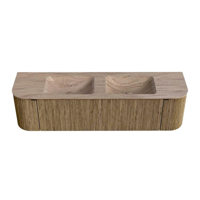 MONDIAZ KURVE-DLUX Meuble de salle de bains 170cm arrondi Gauche + Droite couleur Dusk avec 1 tiroir et 2 portes. Lavabo LEAF Double sans trou de robinet Saba.