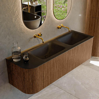 MONDIAZ KURVE 145cm Meuble salle de bain avec module 25 G - couleur Walnut - 1 tiroir - 1 porte - vasque CLOUD double / droite - sans trous de robinet - Urban