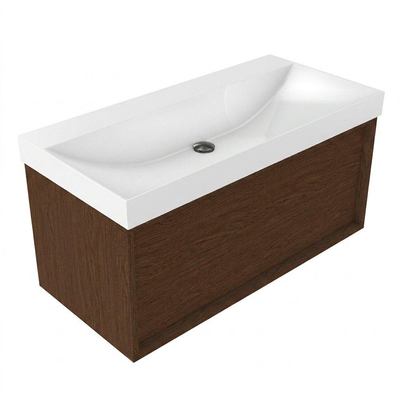 Saniclass Holz Frame Ensemble de meubles de salle de bains - 100x45x47.5cm - lavabo Wave en céramique - 1 vasque - sans trou de robinet - 1 tiroir - walnut pure mat (bois)