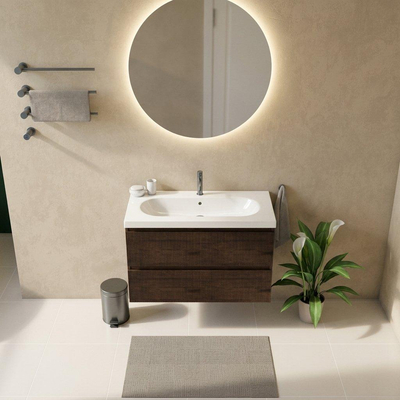 Saniclass Holz Atelier Ensemble de meubles de salle de bains - 100x45x63.5cm - lavabo en céramique Palermo blanc - 1 vasque - 1 trou de robinetterie - 2 tiroirs - chêne charcoal mat (bois)