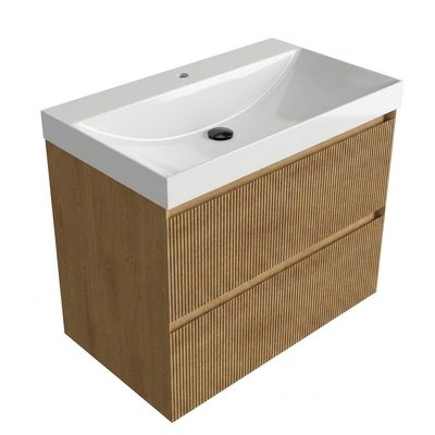 Saniclass Holz Atelier Ensemble de meuble de salle de bains - 80x45x67.5cm - lavabo Wave en céramique - 1 vasque - 1 trou de robinetterie - 2 tiroirs - chêne natural mat (bois)