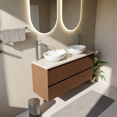 Saniclass Holz Pure Ensemble meuble de salle de bains - 140x45x63cm - Plan de travail en pierre naturelle travertin - 2 trous de robinet - 4 tiroirs - mat noyer pure (bois)