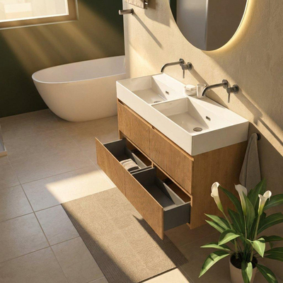 Saniclass Holz Atelier Ensemble de meubles de salle de bains - 120x45x72cm - Legend lavabo en céramique blanc - 2 vasques - sans trous de robinetterie - 2 tiroirs - chêne natural mat (bois)