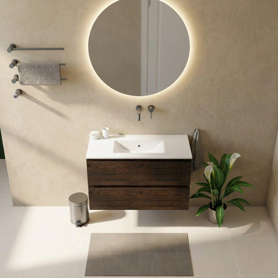Saniclass Holz Pure Ensemble de meubles de salle de bains - 100x45x62cm - Lavabo en céramique Vygo blanc - 1 vasque - sans trou de robinet - 2 tiroirs - chêne charcoal mat (bois)